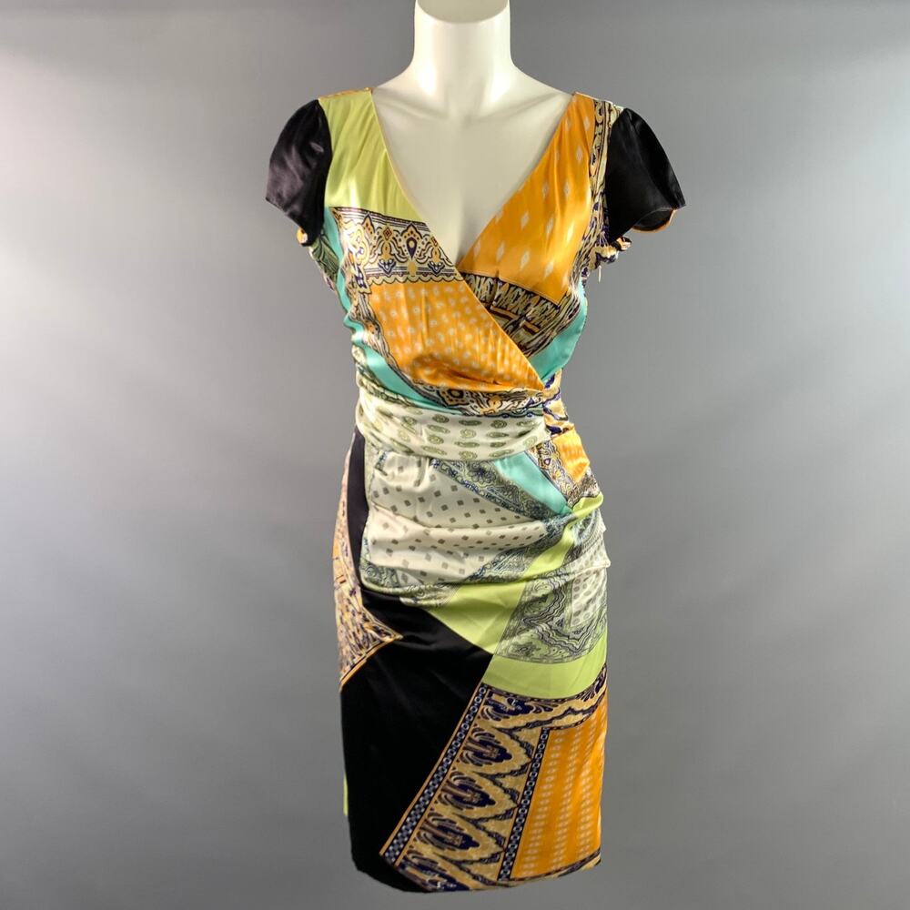 ETRO SS2014 Size 6 Yellow Multi Color Silk Blend Paisley V Neck Midi Dress
